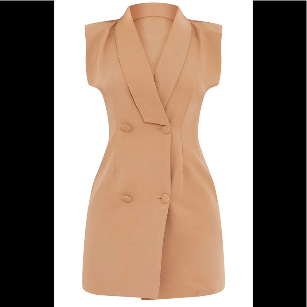 Camel Sleeveless Shoulder Pad Blazer Dress